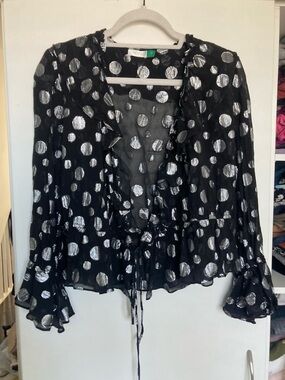 Rixo London Black Metallic Polka Dot Ruffle Tie-Front Blouse silk Ruffles S